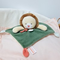 Doudou plat lion beige et vert - 25 cm