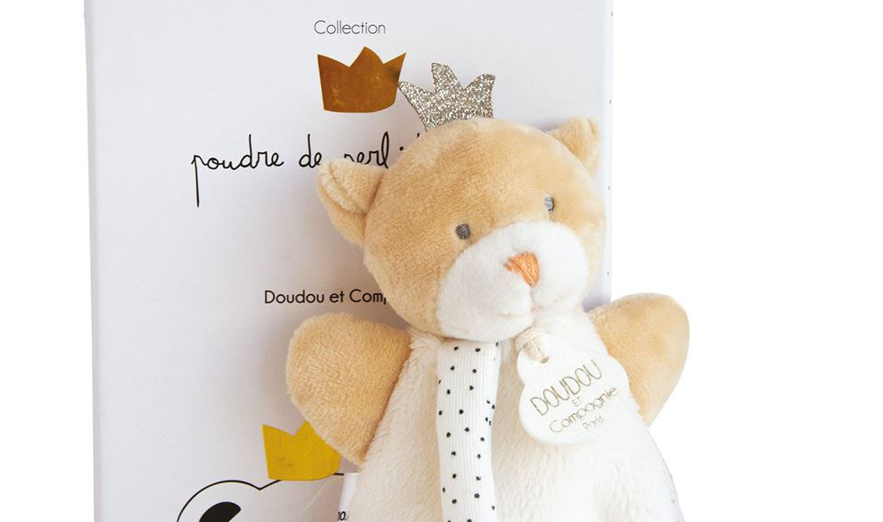 doudou ours marron et écru attache tétine avec couronne dorée